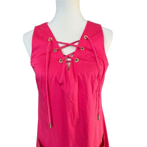 Calvin Klein Sleeveless Sheath Dress Hot Pink Pockets Lace Up V-Neck Size 10 - Picture 2 of 9